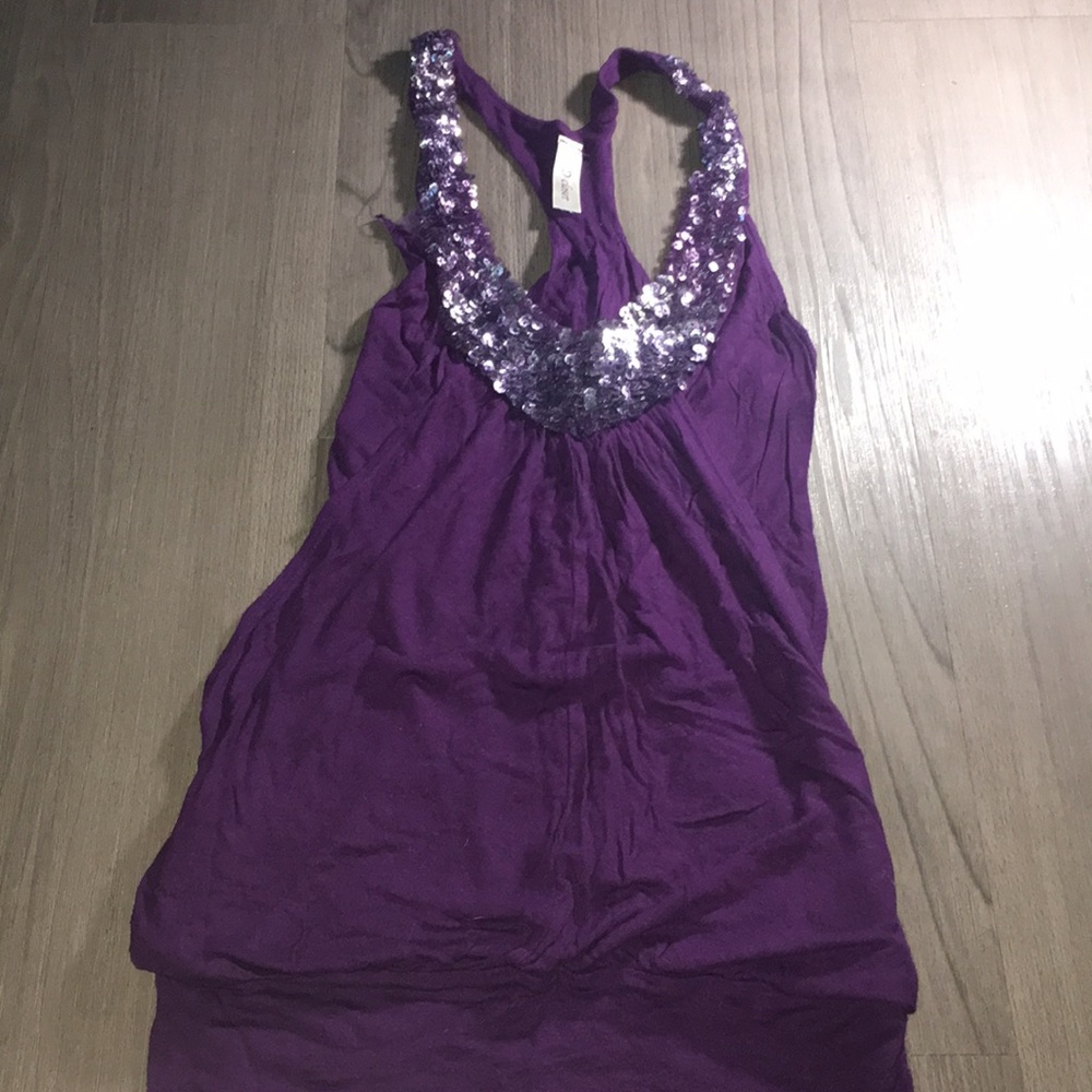Purple sparkly razorback tank top.